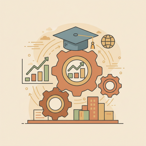 Illustration depicting the synthesis of algorithmic trading and econometric forecasting within higher education, featuring quantitative models and academic achievement.