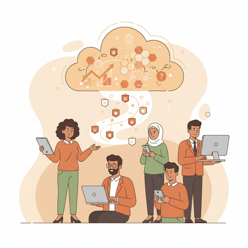 Illustration depicting asynchronous executive education and digital micro-credential monetization, showing professionals learning and digital badges being earned.