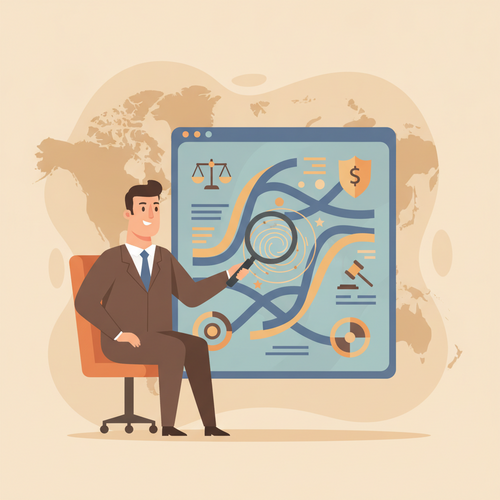 Flat design illustration of a corporate executive analyzing a complex financial dashboard, with global market trends represented by intertwined lines and fiscal policy symbols.