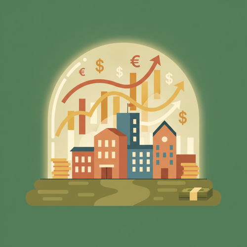 Flat design illustration of university buildings with financial graphs and symbols protecting them, representing credit facility hedging in institutional academic financing.