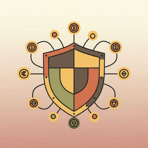Illustration of decentralized capital allocation hedging, depicting a secure shield protecting digital assets within a blockchain network against market volatility and systematic depreciation.