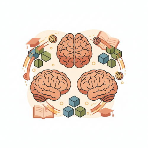 Illustration of decentralized cognitive asset monetization within a blockchain-powered educational network, showing knowledge exchange and skill tokens.