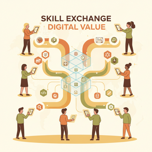 Flat design illustration of decentralized micro credential ecosystems, showing digital skills flowing into a blockchain for human capital monetization.