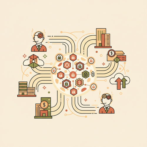 Flat design illustration depicting digital credential engineering within a corporate ecosystem, showcasing interconnected talent and intellectual capital optimization.