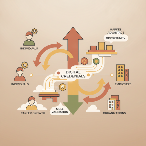 Flat design illustration of digital micro-credentials connecting professionals to new career opportunities, symbolizing asymmetric career arbitrage and advanced skill acquisition.
