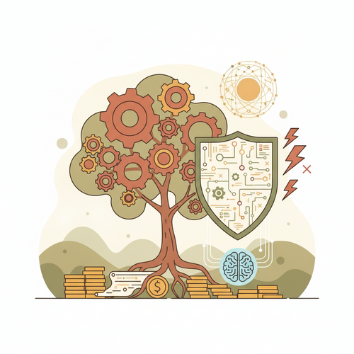 Illustration of algorithmic expenditure hedging tactics protecting discretionary capital, showing gears, shields, and growth curves.