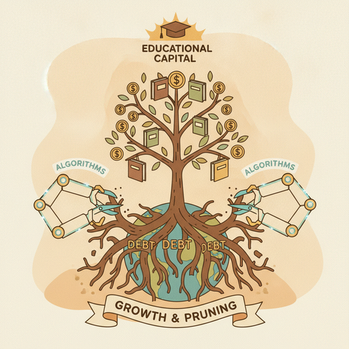 Flat design illustration showing educational capital growth optimized by algorithmic debt restructuring.