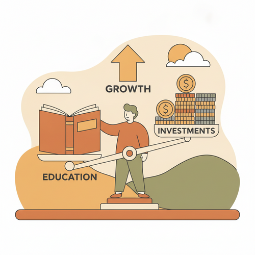 Illustration of a person balancing educational books and investment assets, representing educational credit leveraging and fixed income volatility mitigation.