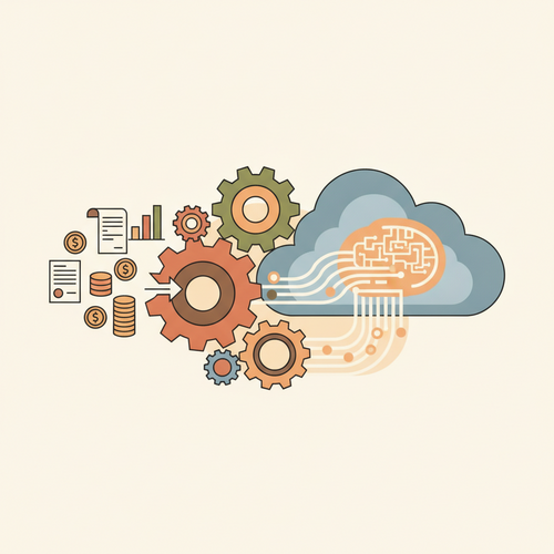 Conceptual illustration of algorithmic debt amortization frameworks, showing financial documents, data streams, and gears working together for educational liability management