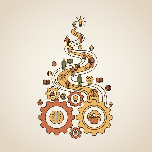 Flat design illustration showing enterprise human capital architecture with interconnected gears and flowing knowledge, representing quantitative frameworks for institutional knowledge up-skilling.