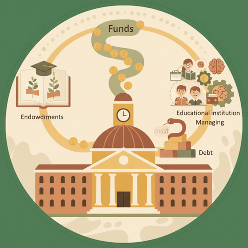 Flat design illustration showing various financial symbols like money bags, bar charts, and university buildings, representing institutional educational capitalization and debt amortization strategies.