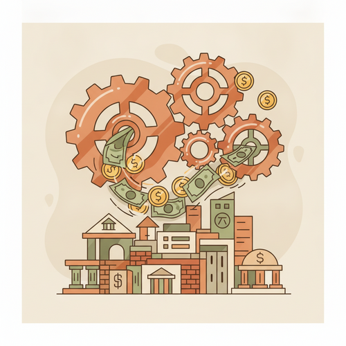 Flat design illustration showing gears and money flows, conceptually representing institutional subsidization arbitrage and strategic obligation restructuring in a professional financial context.