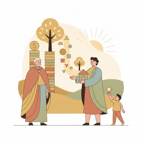 Conceptual illustration of wealth flowing from an older generation to a younger generation, depicted as connected streams of currency and assets.