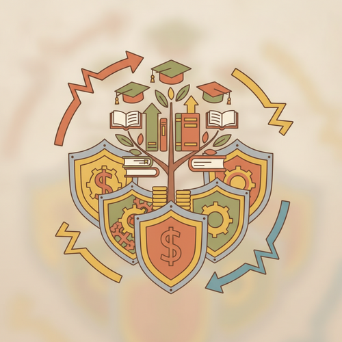 Conceptual illustration of financial stability, depicting educational credit facilities and interest rate hedging strategies protecting investments against market volatility.