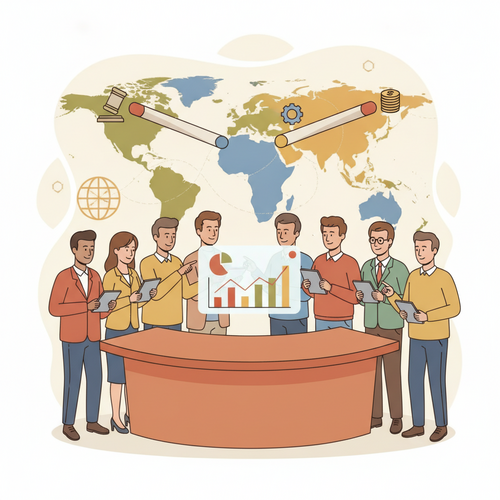 Illustration of finance professionals using corporate fiscal policy simulation tools and macroeconomic analysis to make strategic decisions.