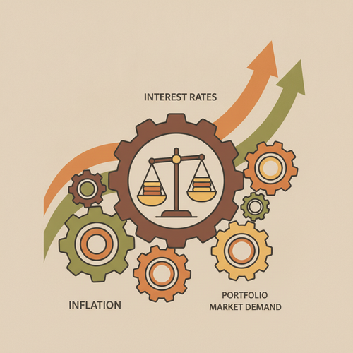 Illustration depicting macroeconomic asset pricing models influencing institutional wealth management paradigms through interconnected economic factors and balanced portfolios.