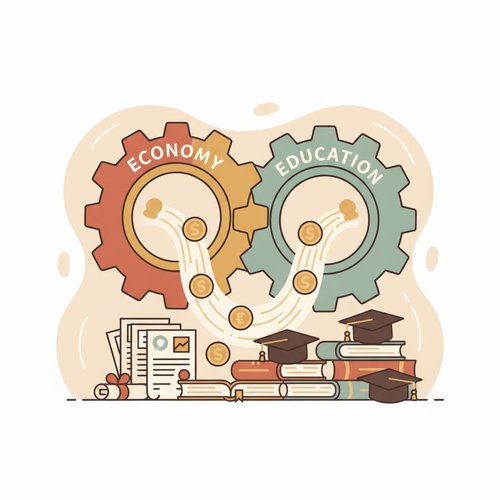 Flat design illustration of macroeconomic educational funding models and systemic risk mitigation, depicting interconnected gears representing finance and education.