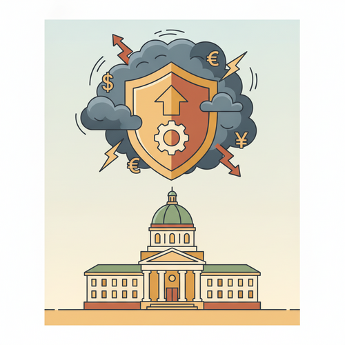 Illustration of a financial shield protecting an academic building from economic storm clouds, representing Academic Endowment Risk Management against macroeconomic volatility.