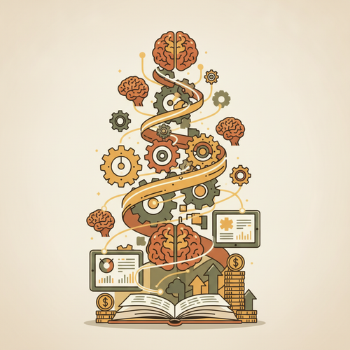 Illustration of open books, digital screens, and interconnected brains symbolizing open access intellectual frameworks and asymmetric cognitive upskilling strategies for enhanced human capital development.