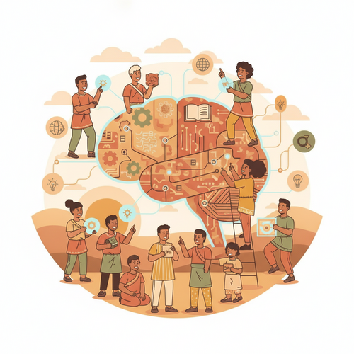 Illustration depicting open source human capital optimization, where collective intelligence fuels knowledge capitalization and innovation.