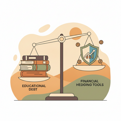 Flat design illustration of a balanced scale with educational debt on one side and financial hedging tools on the other, representing sovereign obligation navigation and interest rate hedging.