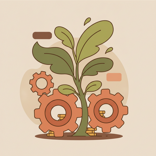 Flat design illustration of strategic discretionary yield generation with gears and growing plant representing growth and rebalancing.