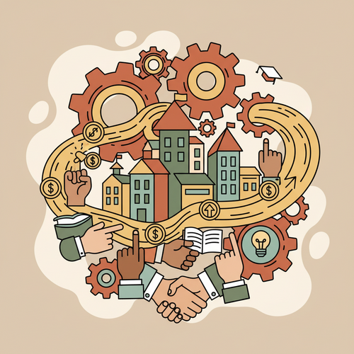 Strategic Educational Funding Architectures showing intertwined gears representing capital leveraging and fiscal mobility around an academic building.