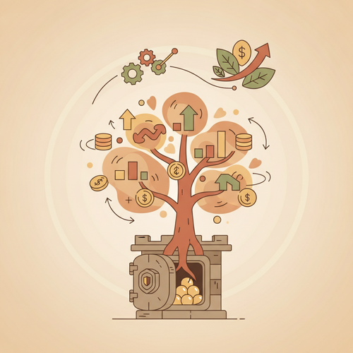 Flat design illustration of a balanced financial portfolio with gears turning and a rising growth curve, symbolizing Tactical Asset Allocation Models and capital retention.