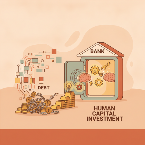 Flat design illustration showing algorithms intelligently restructuring financial debt. Human capital, symbolized by educational icons, is being capitalized through institutional investment.