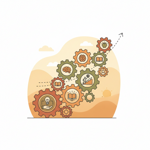 Illustration of interconnected gears and upward arrows symbolizing Asymmetric Upskilling Frameworks driving enterprise competitiveness through strategic talent development and cognitive capitalization.