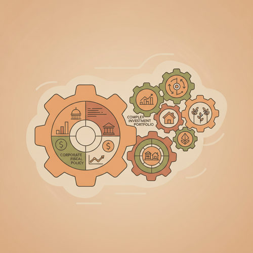 Flat design illustration showing gears of corporate fiscal policy interlocking with a complex investment portfolio, representing institutional endowment arbitrage and financial synergy.