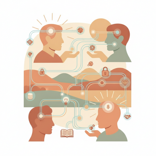Flat design illustration representing decentralized knowledge distribution and human capital monetization through open-source learning systems, showing interconnected individuals and digital assets.