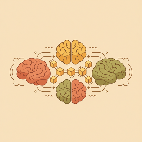 Flat design illustration of interconnected brain nodes forming a network, with blockchain links, representing decentralized knowledge networks and human capital monetization.