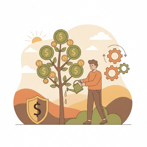 Illustration depicting Early Career Wealth Preservation, showing a shielded money tree and strategic gears representing tactical capital deployment.
