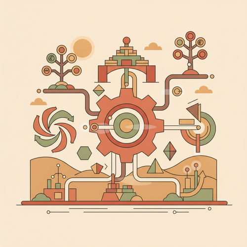 Flat design illustration depicting a complex financial system with intertwining elements of credit risk engineering, debt amortization schedules, and yield volatility hedging mechanisms.