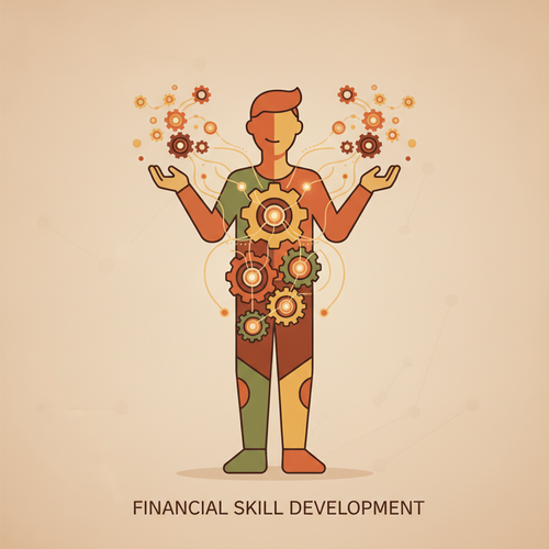 Flat design illustration of an interconnected enterprise learning ecosystem with algorithmic skill acquisition driving human capital upskilling.