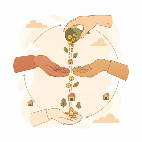 Flat design illustration of fiduciary asset transfers, depicting strategic liquidity deployment and intergenerational wealth mechanics in a professional context.