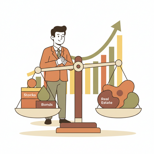 Illustration of High-Net-Worth Portfolio Rebalancing with an executive balancing assets on a scale and reviewing dynamic allocation models.