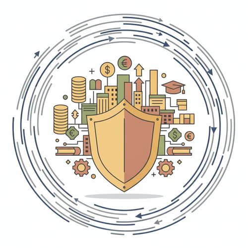 Flat design illustration showing institutional credit risk mitigation through fixed-income hedging and educational liability structuring, with a shield protecting assets.