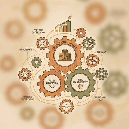 Conceptual illustration of institutional wealth preservation, showing interconnected financial gears and structures representing fiduciary asset management and capital deployment.