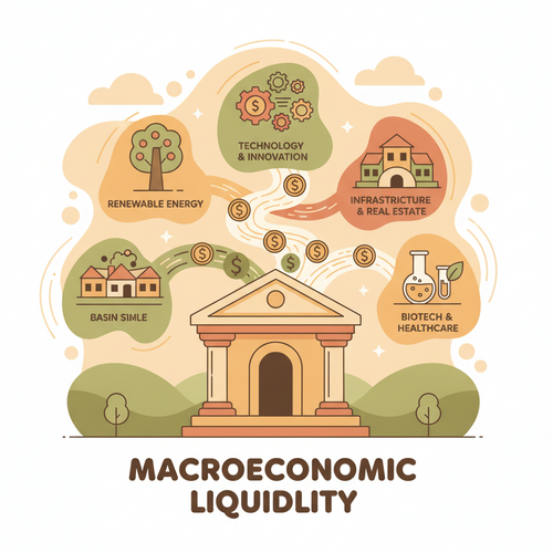 Illustration depicting macroeconomic liquidity management influencing institutional portfolio dynamics with central bank policies.