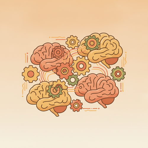 Flat design illustration of interconnected brains and gears, symbolizing how Open Access Cognitive Infrastructure drives asymmetric upskilling and enterprise competitiveness.