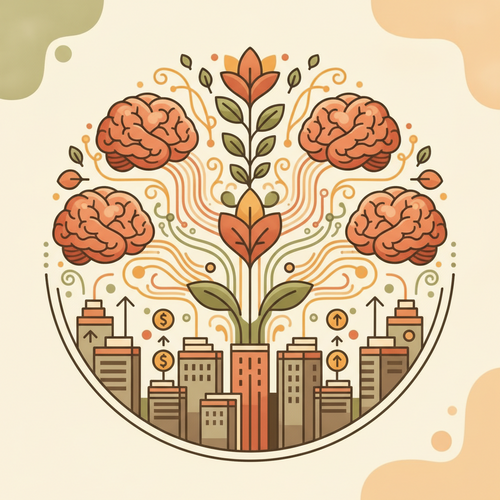 Flat design illustration of open access cognitive infrastructure optimizing human capital and scalable upskilling architectures within an enterprise.