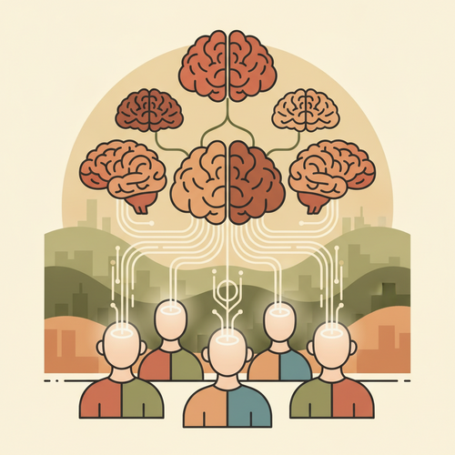 Flat design illustration showing an interconnected cognitive infrastructure optimizing human capital, with data flowing into diverse human figures.