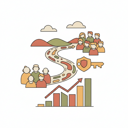 Flat design illustration depicting intergenerational asset structuring and portfolio rebalancing for post-graduates, showing wealth transfer across generations and digital asset security
