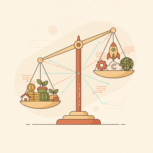 Flat design illustration showing diverse financial assets balanced on a scale with digital lines, representing Quantitative Endowment Allocation and Alternative Asset Yield Generation.