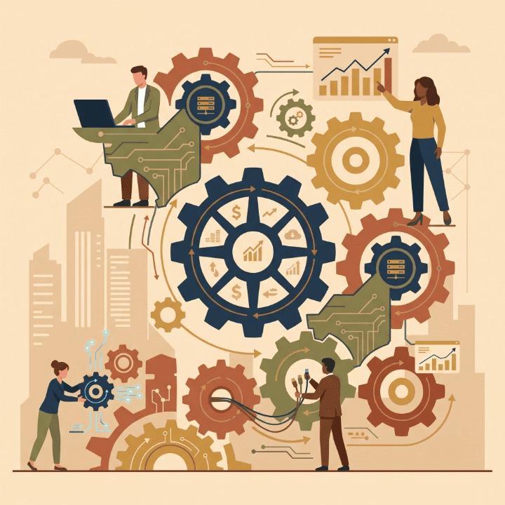 Flat design illustration showing interconnected gears and human figures, symbolizing scalable open source architecture and enterprise skill capitalization networks working in harmony.