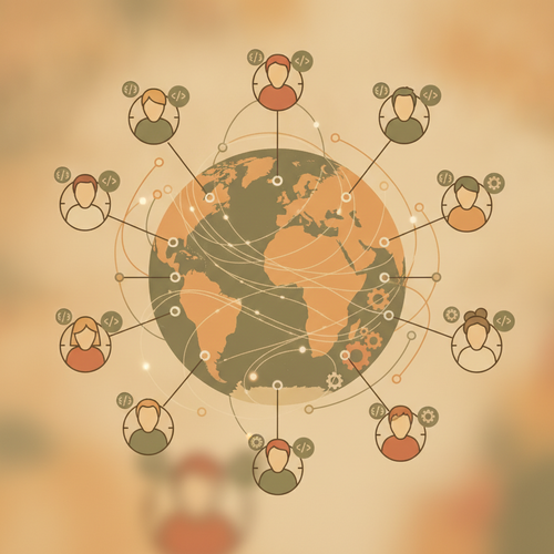Flat design illustration depicting scalable open-source architectures enabling workforce skill arbitrage through a global interconnected talent network.