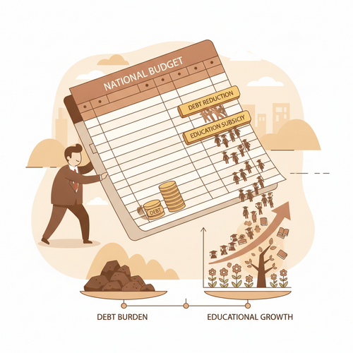 Flat design illustration depicting sovereign educational debt amortization, showing government fiscal policy managing public expenditure on human capital investment.