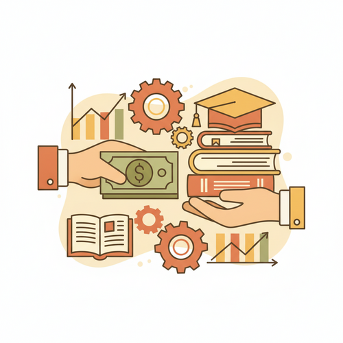 Flat design illustration of sovereign educational debt restructuring, showing financial mechanisms supporting educational investment.